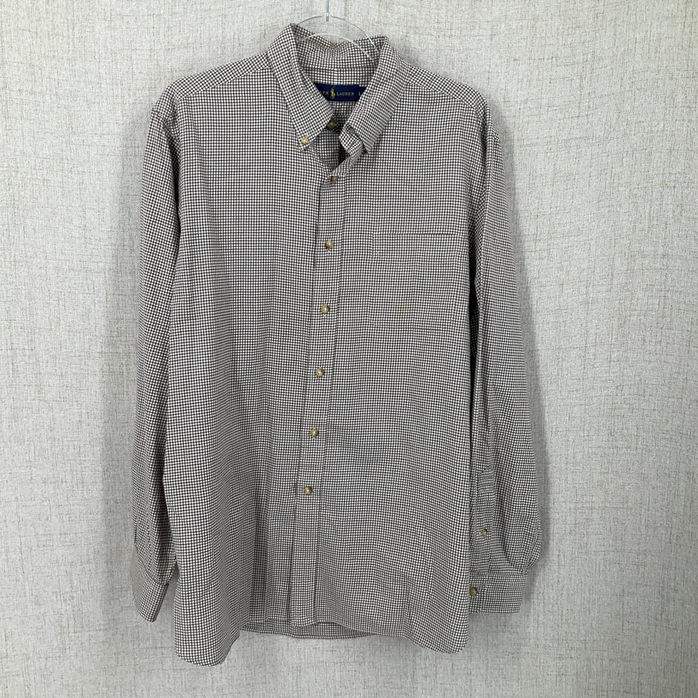 Ralph Lauren Button Down Shirt Mens L Brown Gingham Cotton Classic Preppy